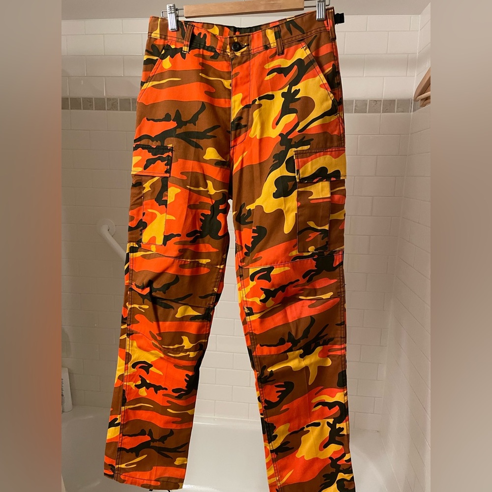 Rothco orange, yellow, and black military cargo pants.